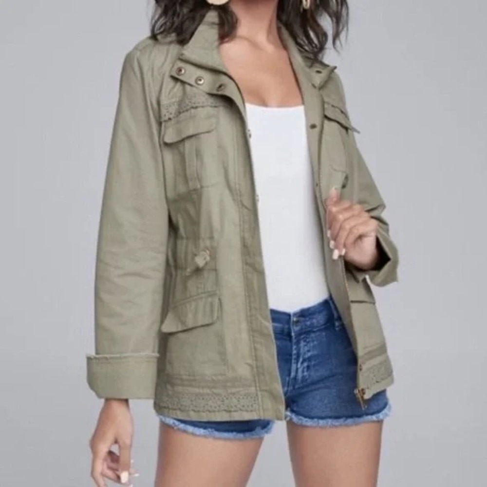 VENUS‎ S Olive Green Utility Cargo Jacket Military Lace Trim Raw Edge Streetwear
